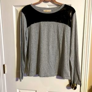 MICHAEL Michael Kors Gray Long Sleeve Top with Black Lace Yoke